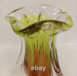 Mid Century Vibrant green & pink art glass Chribska sommerso vase