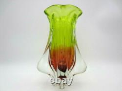 Mid Century Vibrant green & pink art glass Chribska sommerso vase
