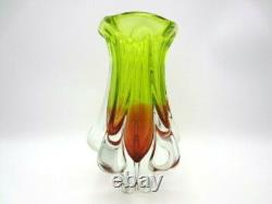 Mid Century Vibrant green & pink art glass Chribska sommerso vase