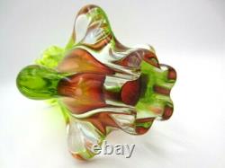 Mid Century Vibrant green & pink art glass Chribska sommerso vase