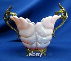 Milky Pink & Clear Hand-blown Art Glass In Brass Holder Vase / Bowl