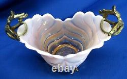 Milky Pink & Clear Hand-blown Art Glass In Brass Holder Vase / Bowl