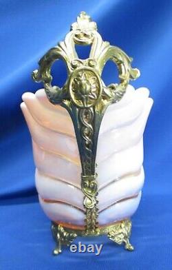 Milky Pink & Clear Hand-blown Art Glass In Brass Holder Vase / Bowl