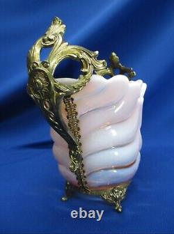 Milky Pink & Clear Hand-blown Art Glass In Brass Holder Vase / Bowl