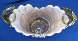 Milky Pink & Clear Hand-blown Art Glass In Brass Holder Vase / Bowl