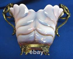 Milky Pink & Clear Hand-blown Art Glass In Brass Holder Vase / Bowl