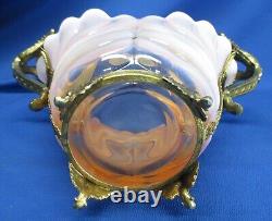 Milky Pink & Clear Hand-blown Art Glass In Brass Holder Vase / Bowl