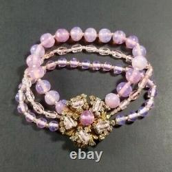 Miriam Haskell Pink Beaded Triple Strand Bracelet Crystal Flower Clasp Art Glass