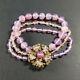Miriam Haskell Pink Beaded Triple Strand Bracelet Crystal Flower Clasp Art Glass