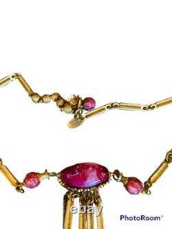 Miriam Haskell Signed Vintage Pink art glass Bead teardrop Gold Plate necklace