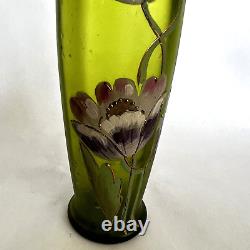 Moser Bohemian Vintage Green Paneled Hand Painted Pink/Purple Flowers Vase 8.5T
