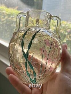 Moser Glass Champagne Crackle Glass Painted Coral Kelp Tri Handle Amphora Vase