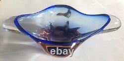 Moser Mstisov Glass Bowl Blue And Salmon Czech Art Glass LARGE 2.8kg 1960s