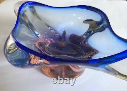 Moser Mstisov Glass Bowl Blue And Salmon Czech Art Glass LARGE 2.8kg 1960s