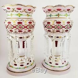 Moser Style Bohemian Czech Cut to Cranberry Enamel Flower Glass Mantle Lusters
