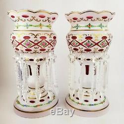 Moser Style Bohemian Czech Cut to Cranberry Enamel Flower Glass Mantle Lusters