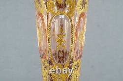 Moser Type Cut Crystal Pink Art Nouveau Gold Scrolls 16 Inch Tall Vase C. 1900