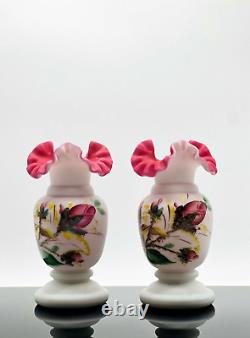 Mossy Rose Vase Fenton For L. G. Wright Pink Ruffle Rim White Satin Finish X 2
