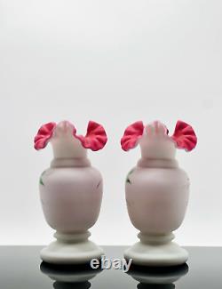 Mossy Rose Vase Fenton For L. G. Wright Pink Ruffle Rim White Satin Finish X 2