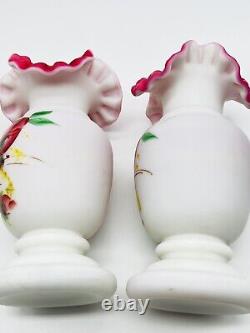 Mossy Rose Vase Fenton For L. G. Wright Pink Ruffle Rim White Satin Finish X 2