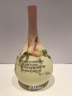 Mt. Washington BURMESE Art Glass 8 Vase, Rose Design & Verse