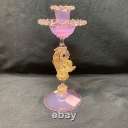 Murano Archimede Seguso Dolphin Candle Holder Pink Gold Flakes Art Glass Rare