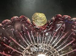 Murano Art Glass Amethyst Pink & Gold Thumbprint Bowl Controlled Bubbles Italian