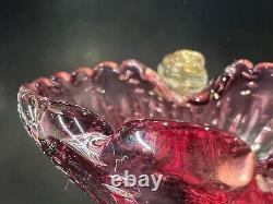 Murano Art Glass Amethyst Pink & Gold Thumbprint Bowl Controlled Bubbles Italian