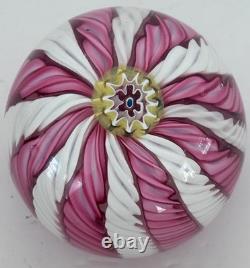 Murano Art Glass Paperweight 3 White & Pink Aventurine Ribbons Millefiori Crown