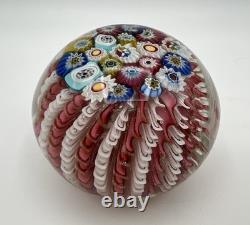 Murano Art Glass Paperweight 3 White & Pink Aventurine Ribbons Millefiori Crown