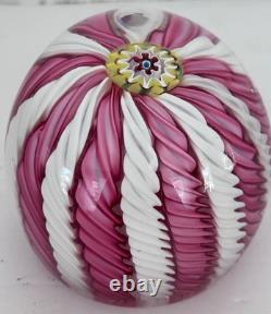 Murano Art Glass Paperweight 3 White & Pink Aventurine Ribbons Millefiori Crown