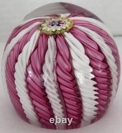 Murano Art Glass Paperweight 3 White & Pink Aventurine Ribbons Millefiori Crown