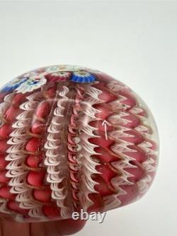 Murano Art Glass Paperweight 3 White & Pink Aventurine Ribbons Millefiori Crown