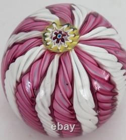 Murano Art Glass Paperweight 3 White & Pink Aventurine Ribbons Millefiori Crown