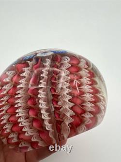 Murano Art Glass Paperweight 3 White & Pink Aventurine Ribbons Millefiori Crown