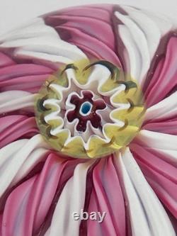 Murano Art Glass Paperweight 3 White & Pink Aventurine Ribbons Millefiori Crown