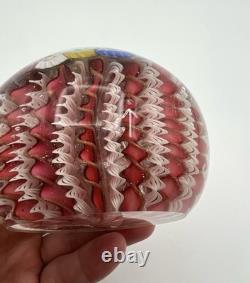 Murano Art Glass Paperweight 3 White & Pink Aventurine Ribbons Millefiori Crown