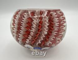 Murano Art Glass Paperweight 3 White & Pink Aventurine Ribbons Millefiori Crown