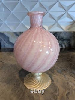 Murano Art Glass Vase Pink Alabastro Aventurine Gold Swirl Pedestal 6.5 Italy