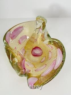 Murano Barovier Toso Gold Aventurine Pink Swirl Art Glass Bowl Ashtray W Damper
