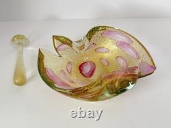 Murano Barovier Toso Gold Aventurine Pink Swirl Art Glass Bowl Ashtray W Damper