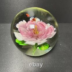 Murano Flying Bees Over Pink Flower Hand Blown Art Glass Paperweight