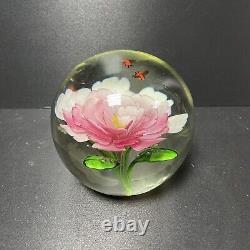 Murano Flying Bees Over Pink Flower Hand Blown Art Glass Paperweight