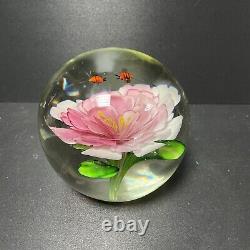 Murano Flying Bees Over Pink Flower Hand Blown Art Glass Paperweight