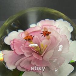 Murano Flying Bees Over Pink Flower Hand Blown Art Glass Paperweight