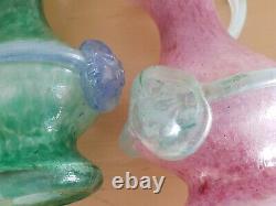 Murano Glass Iridescent Pink & Green Scavo Applied Glass Lion Head 7.5 h Vase