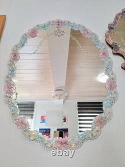 Murano Glass Mirror Pink & Turquoise Ornament Frame Original Venetian Mirror Art