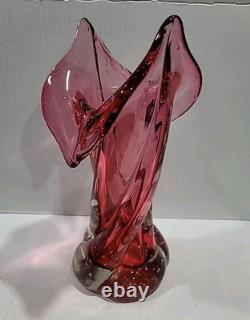 Murano Hand Blown Italian Pink Art Glass Stretched Ribbed Flared Vase Bullicante