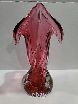 Murano Hand Blown Italian Pink Art Glass Stretched Ribbed Flared Vase Bullicante