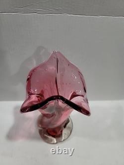 Murano Hand Blown Italian Pink Art Glass Stretched Ribbed Flared Vase Bullicante